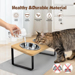 Elevated Cat Bowls Pet Feeder 15° Tilted Raised Cat Food Bowls with Wooden Stand 2 Stainless Steel Bowls for Cats and Puppy